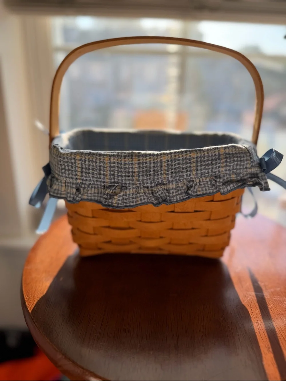 Longaberger Blue Plaid Lined Woven Basket with Ruffled Edge